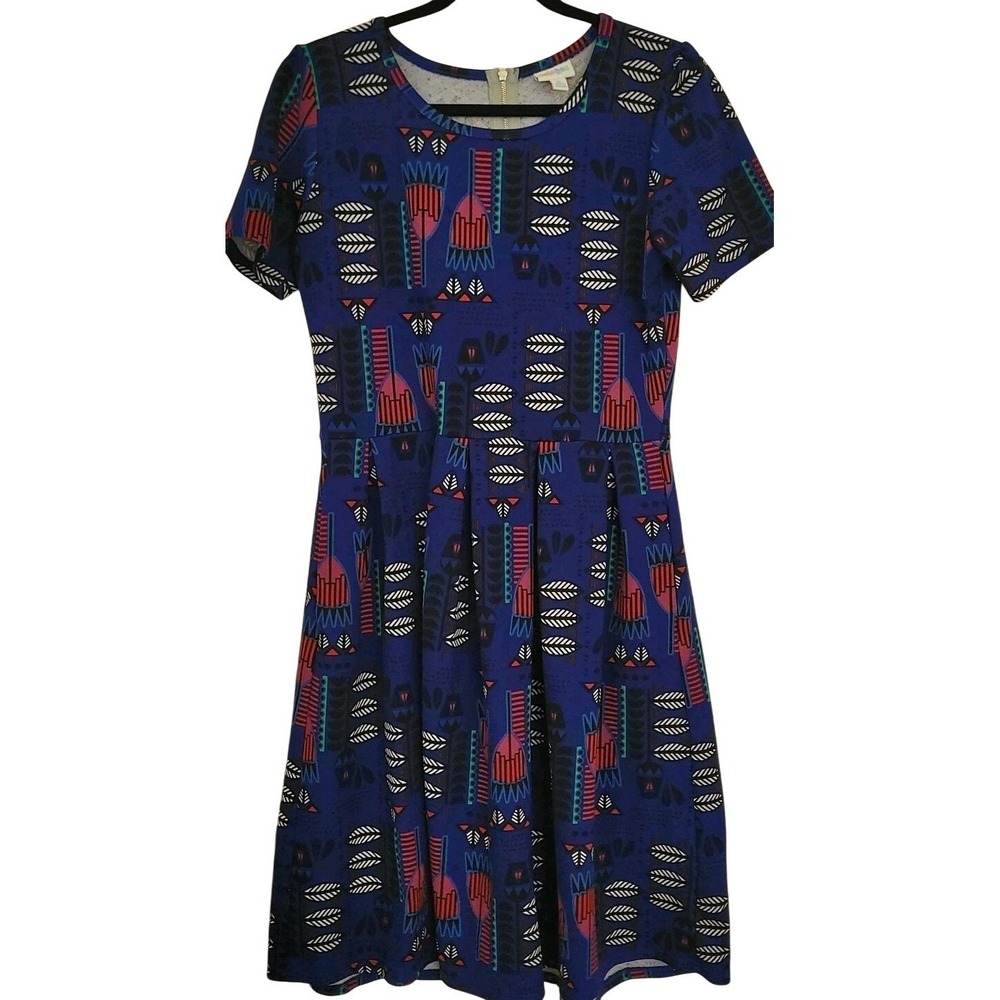 LuLaRoe XL Blue Red Geometric Dress Pleated Zip Knit Teachercore